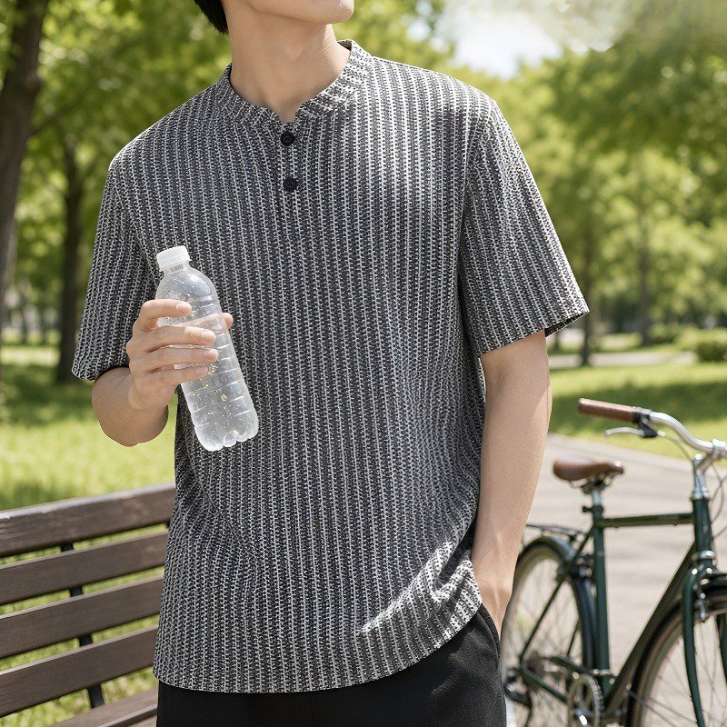 夏用メンズゆったりフィット魚骨柄ヘンリーネック半袖Tシャツ