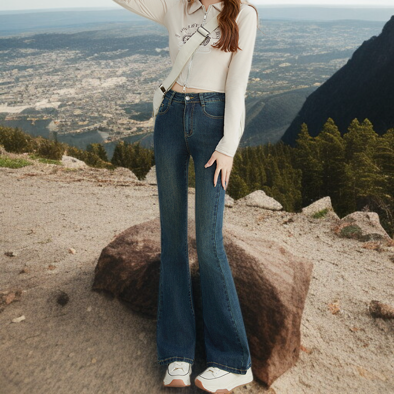 小さめハイウエストワイドジーンズ女性春春スリム細めマイクロフレアワイドパンツ