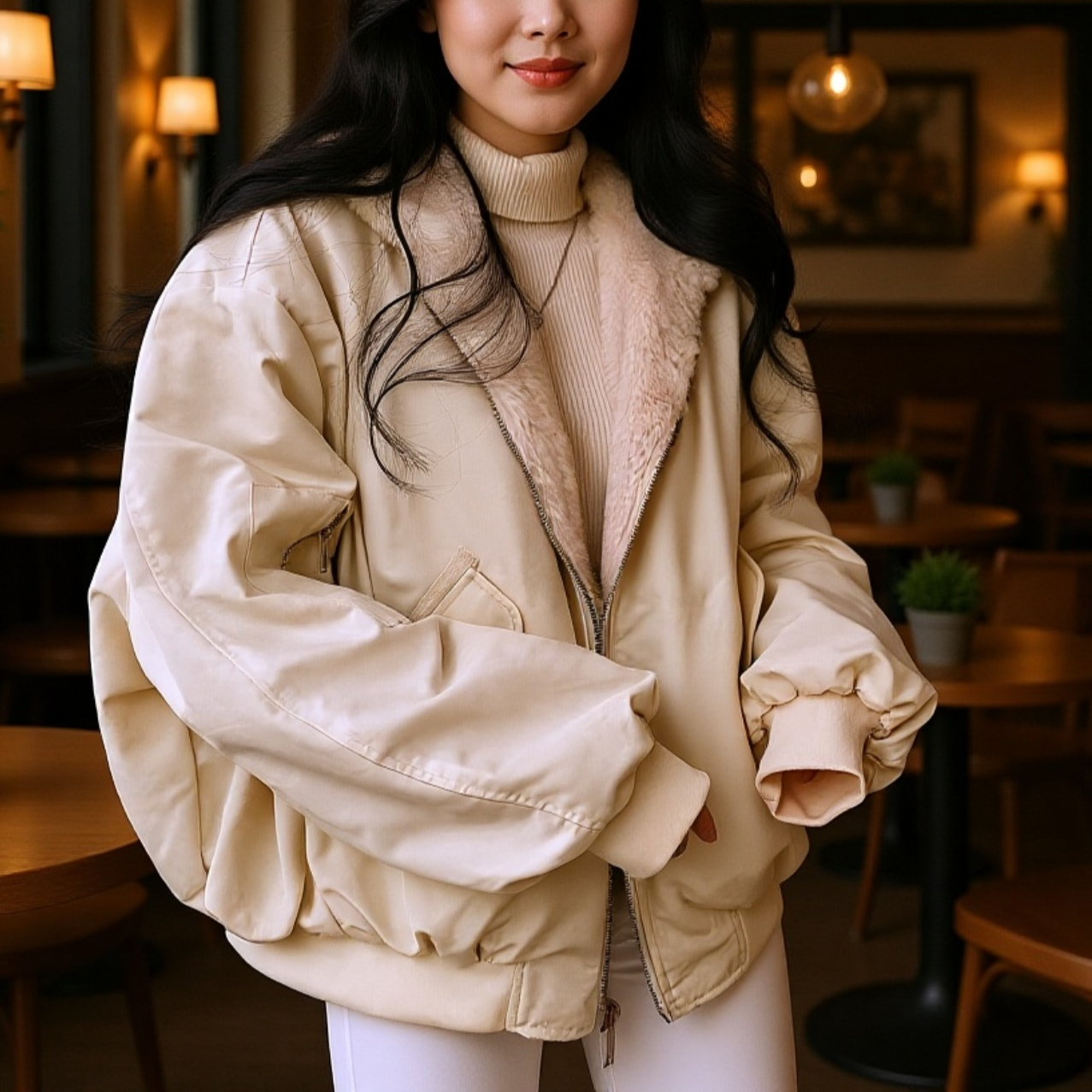 カジュアルなコーディネートのレディースコート