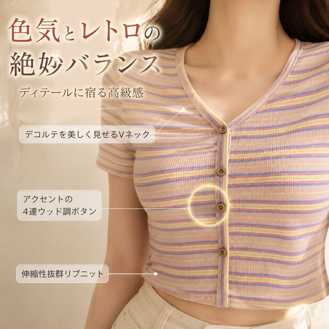 レトロ風Vネック半袖スリムTシャツ 夏新作