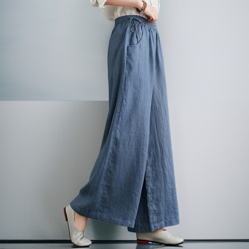 女性用ハイウエスト、ドレープ入りコットンリネンパンツ