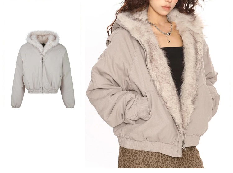 モデル着用フード付き毛皮コート