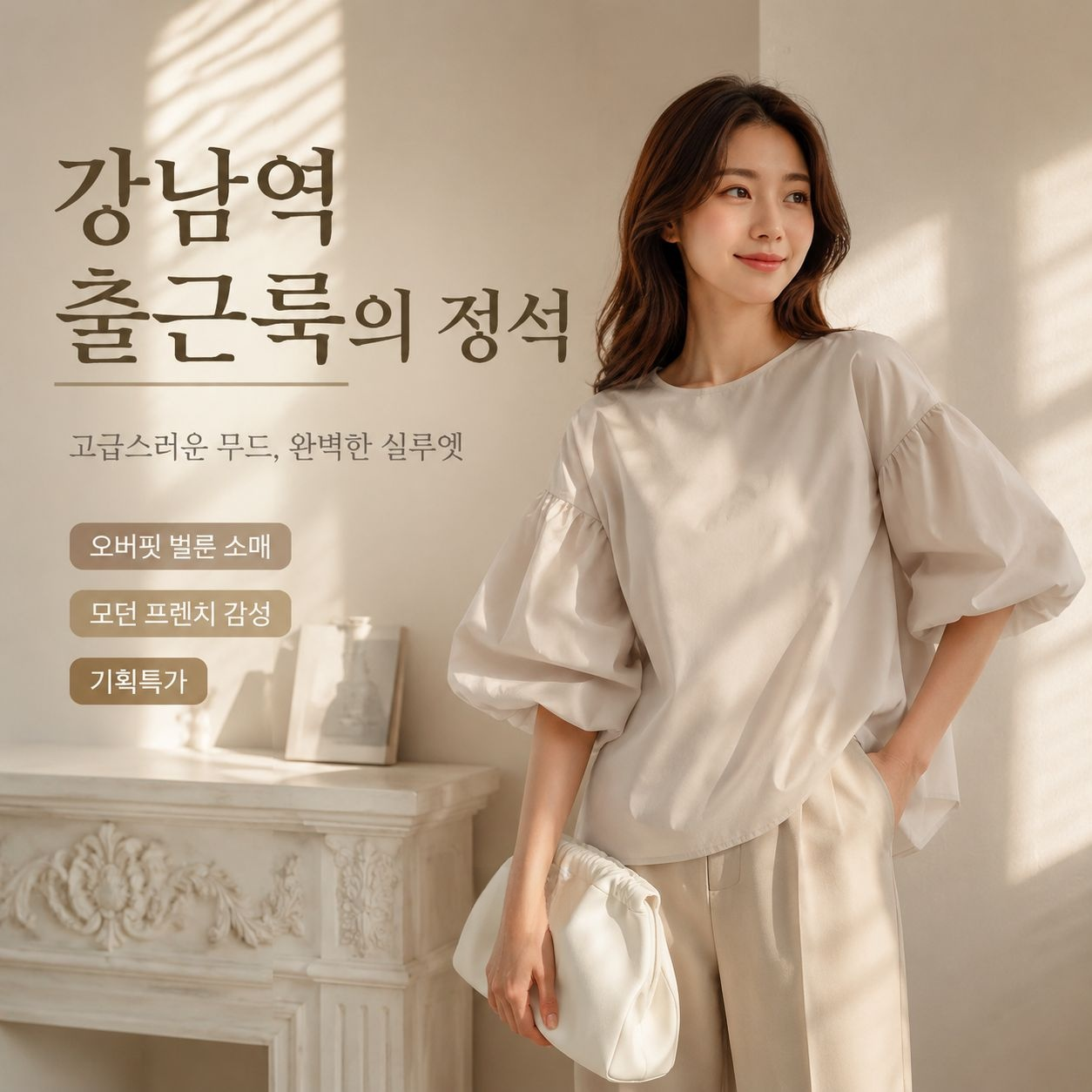 여유로운 오버핏 라운드넥 코튼 블라우스, 빅 램프 슬리브