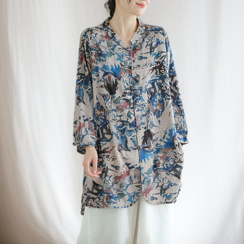 レディース レトロ コットンリネン プリントトップス