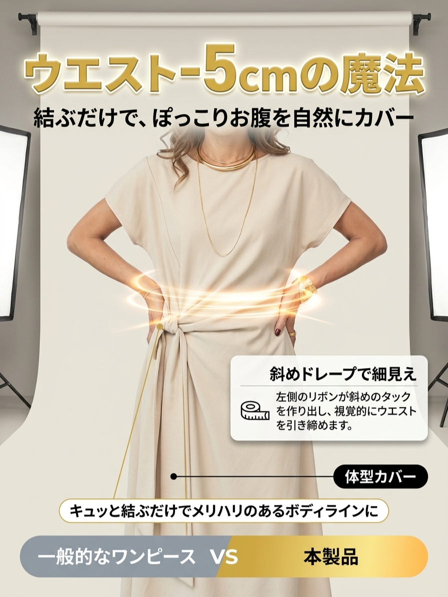 ヘップバーン風ウエスト絞りリボン付きフレンチスリーブワンピース