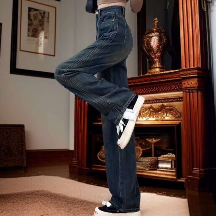 女性用ゆったりレトロワイドレッグクロッチカバージーンズ ナロー・スプリング・ハイウエスト・パデッド・ドラッグ・パンツ ジーンズゆったりワイドストレート股下カバー春秋トップス