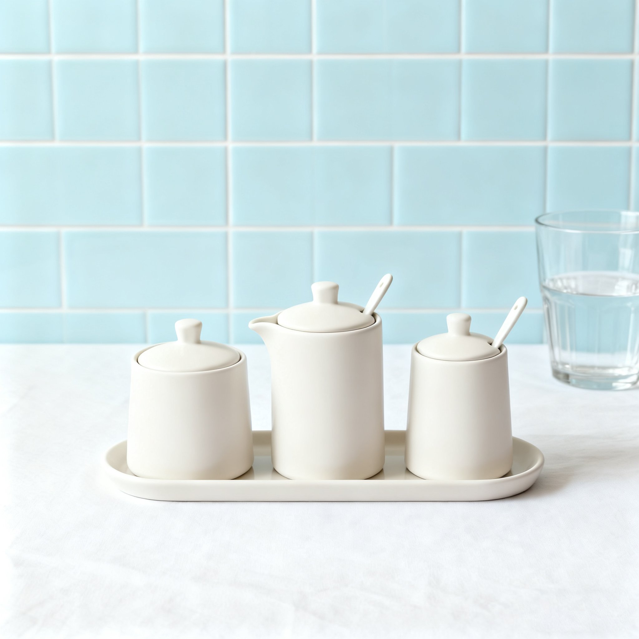 주방에 놓인 세라믹 조미료병 세트