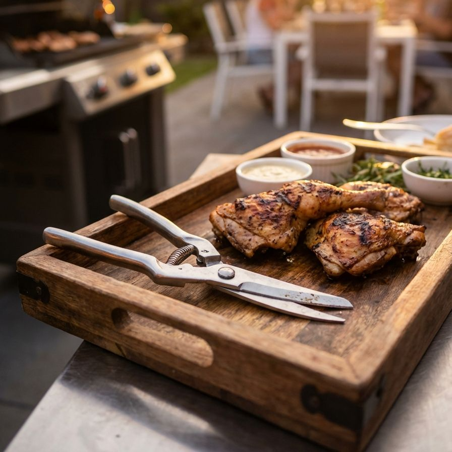 Stainless steel kitchen shears cutting poultry meat