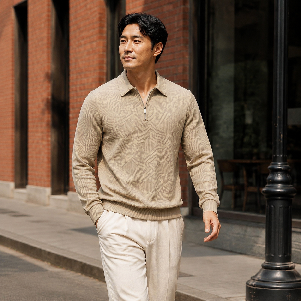 남성용 긴팔 자카드 스웨트셔츠, 하프 지퍼 및 턴다운 칼라