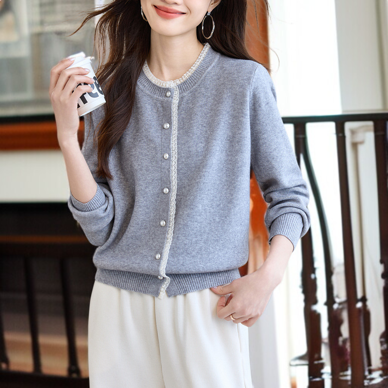 여성 그레이 니트 가디건 아우터 무드 상의 레이스 긴팔 니트