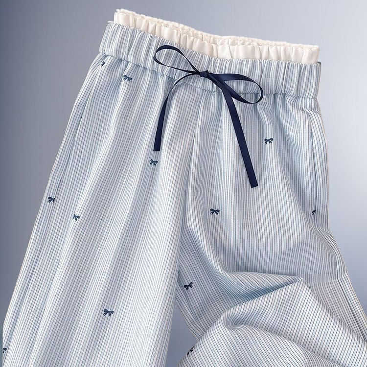 여성용 연한 파란색 줄무늬 리본 프린트 하이웨이스트 바지