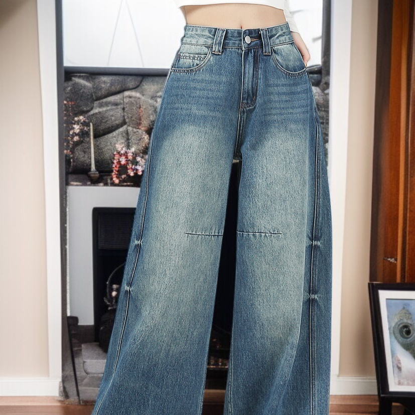 女性用パッド入り厚手カーブド・ジーンズ 冬のマイクロファット洋ナシ型レトロワイドパンツ股ストレートパンツ