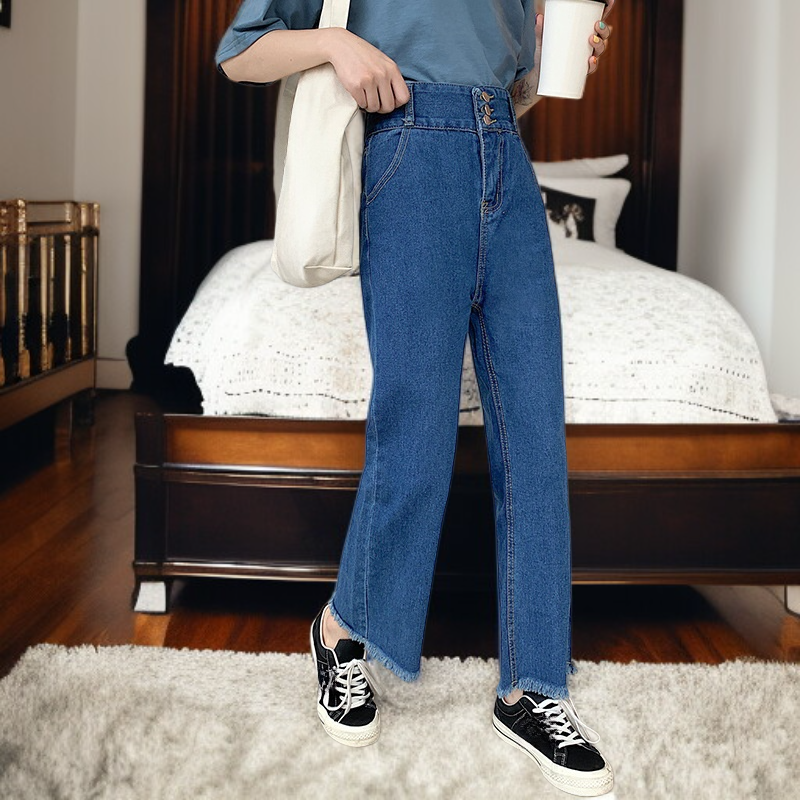 여성용 하이웨스트 와이드핏 데님 팬츠