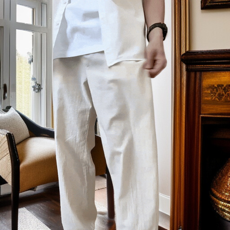 男性用 リネン素材 ゆったりワイドカジュアルパンツ 9分丈