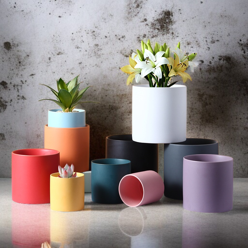 Colorful Ceramic Home Set Planter High Pot Flower Tray Round European Green Plant Planter