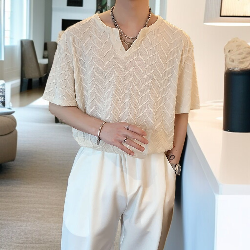 헤어스타일리스트 여름 루즈핏 반팔 티 텍스처 브이넥 반팔 티 셔링 캐주얼 티셔츠