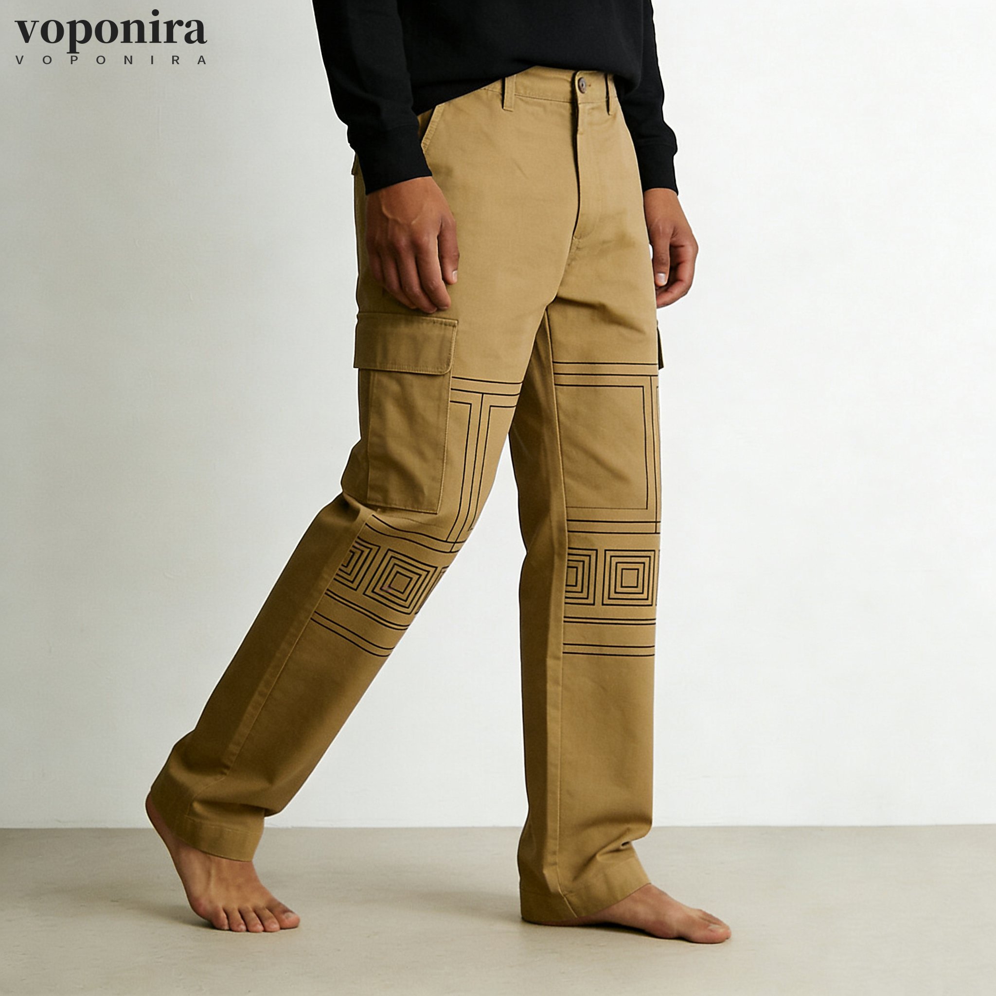 カーキ色の幾何学模様のカーゴパンツ