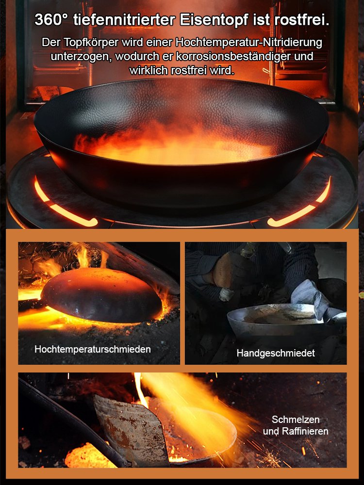 Gesunde, beschichtungsfreie handgeschmiedete Eisenpfanne mit 30.000 Hammerschlägen