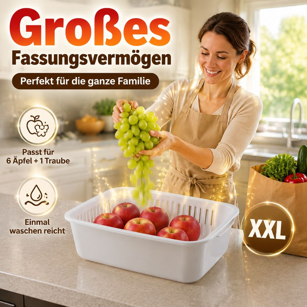 Großer quadratischer Küchenkorb zum Waschen und Abtropfen von Obst und Gemüse