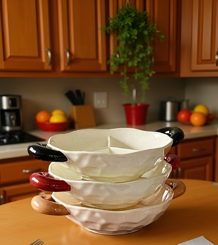 Close-up of ceramic plate dividers keeping food separate