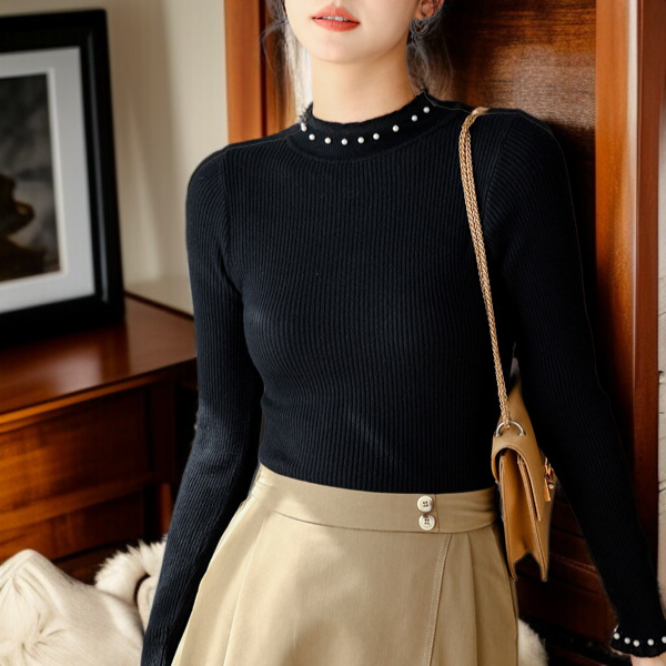 여성 블랙 루즈핏 니트 이너 반폴라 니트 레이스 이너 루즈핏 니트 풀오버 니트