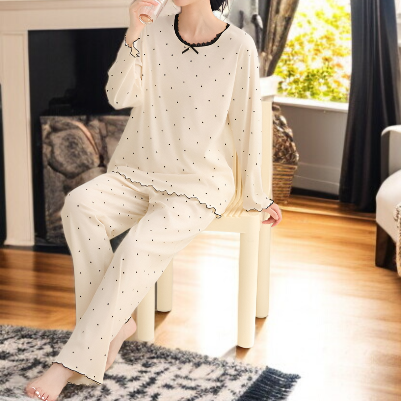 女士圓領長袖套頭睡衣套裝