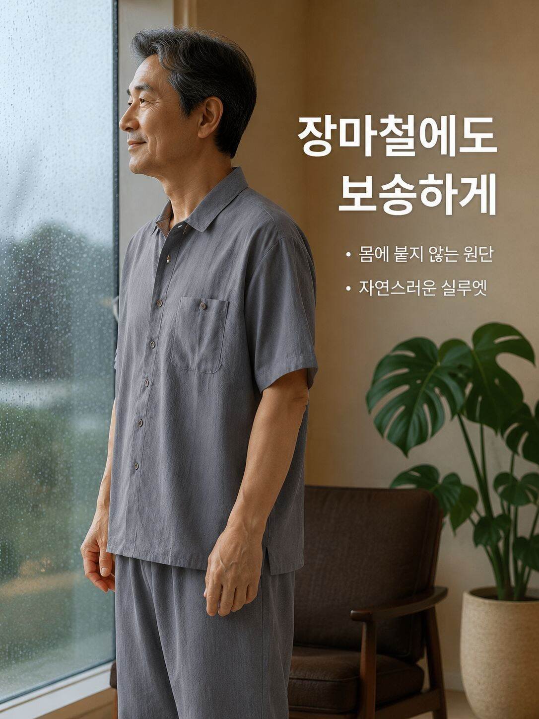 노년 남성 린넨 혼방 반팔 홈웨어 세트