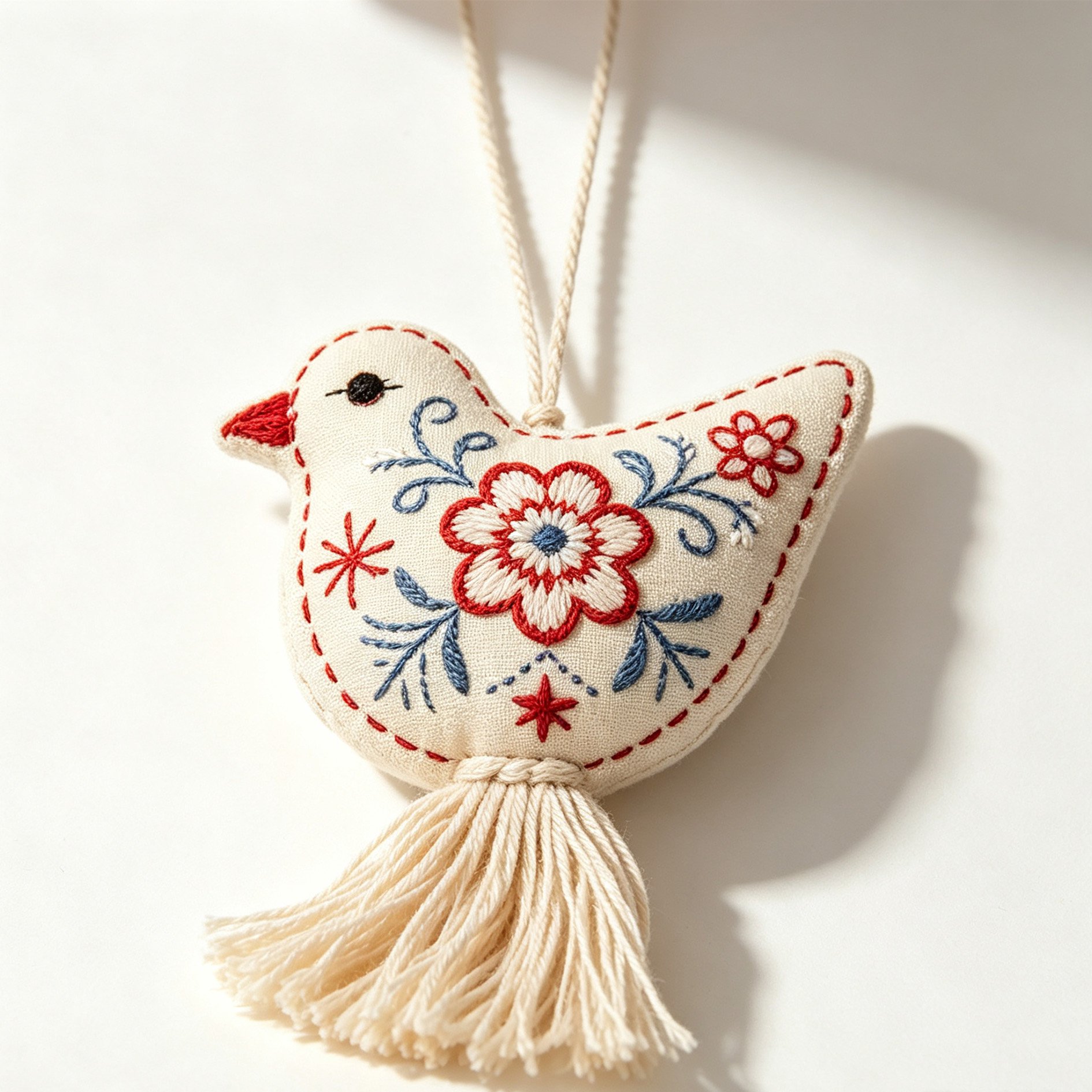 Close-up of bird embroidery on scented fabric pouch