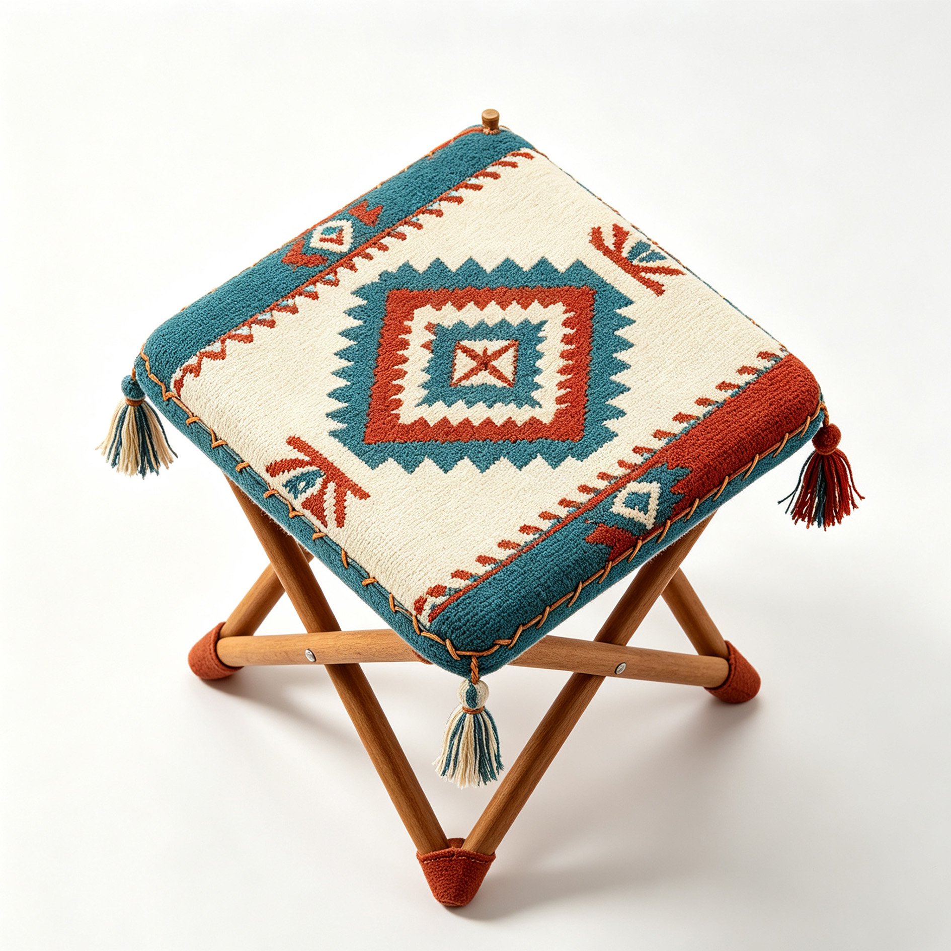 Folding Stool with Lush Pattern and Tassels