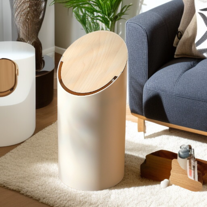 Minimalistischer runder Mülleimer aus Massivholz für den Hausgebrauch