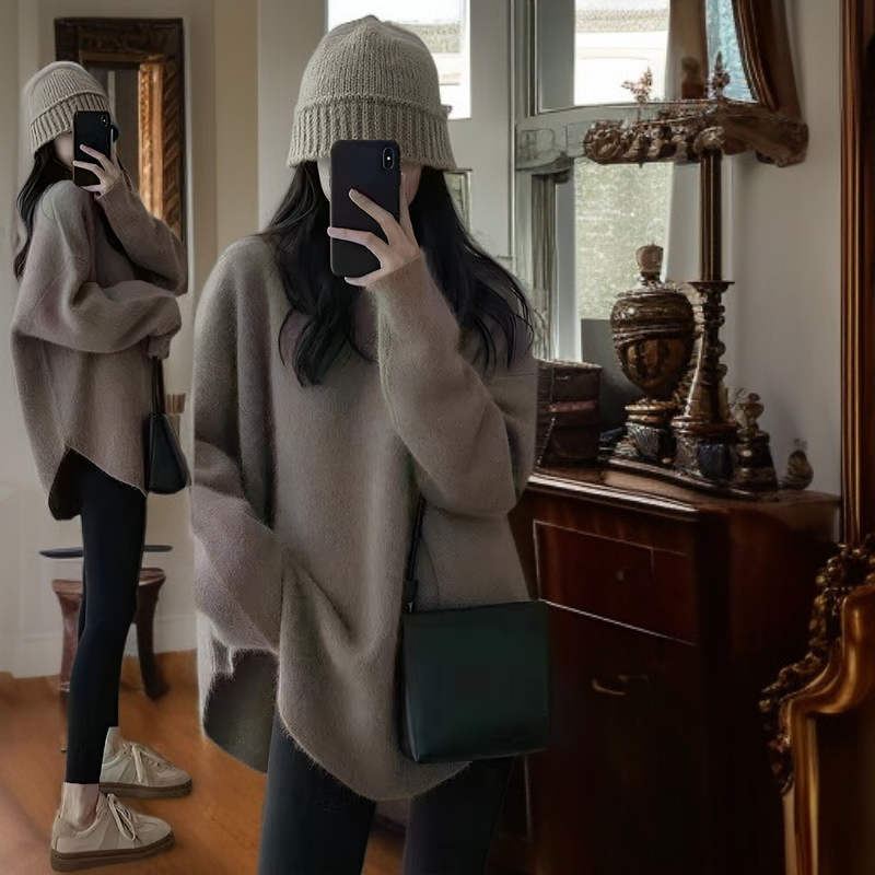 ニット セーター レディース 冬 長袖 ラウンドネック モヘア プラッシュ 暖かい セーター レディース 2024 秋冬 ソリッドカラー 多用途 ソフト ワックス状 高品質 アウター ニット ボトム 