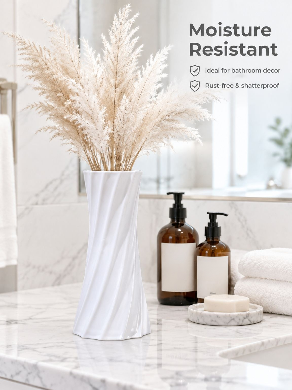 Aesthetic plastic vase holding dried pampas grass on an office bookshelf