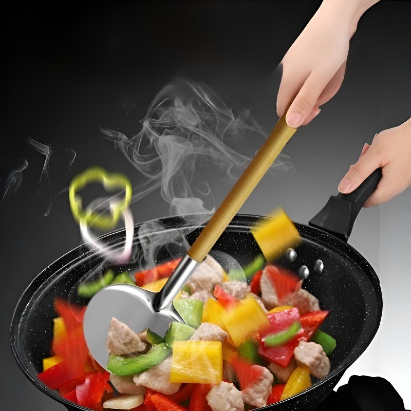 Solid Wood Handle Nonstick Pan Round Stir-fry & Turner Spatula