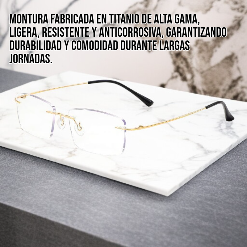 Gafas de lectura sin marco de alta gama con montura de titanio para uso comercial.