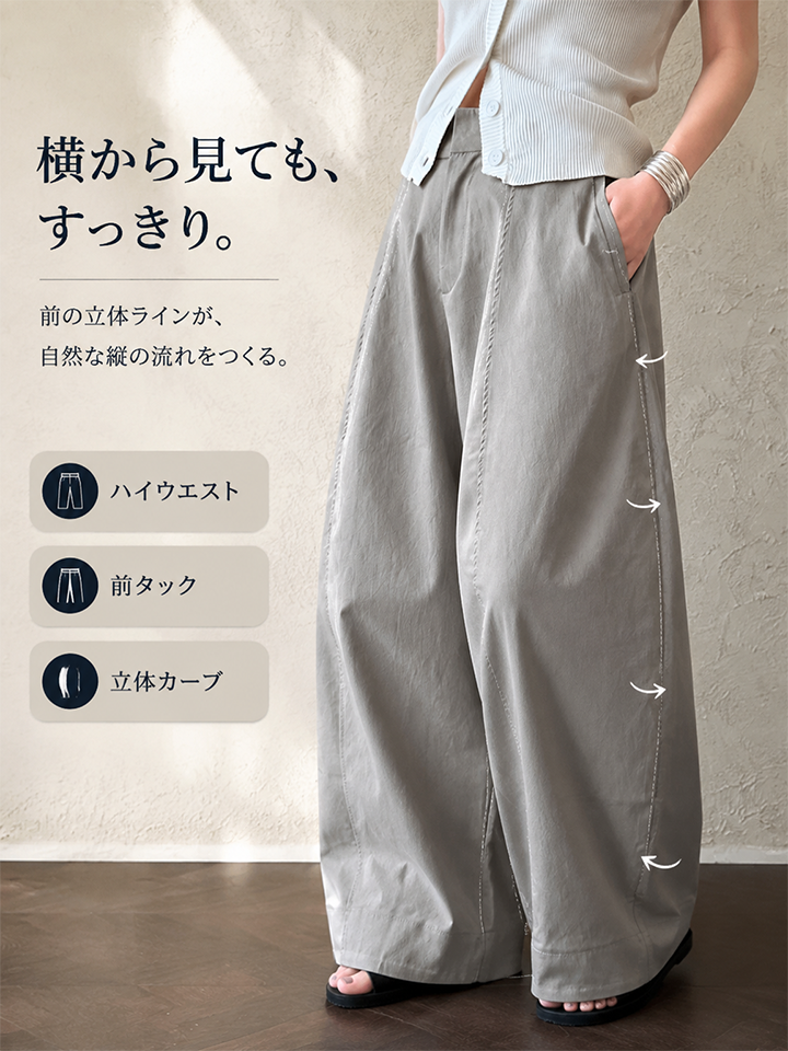 Monolly-ヴィンテージ風立体裁断ワイドパンツ