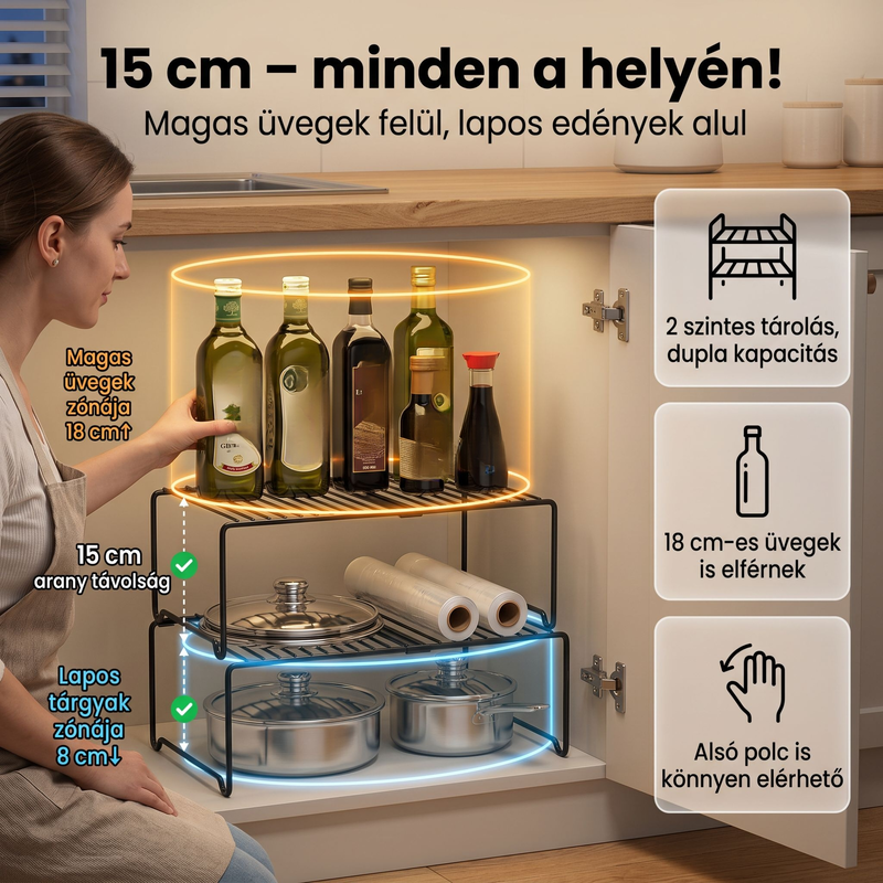Mosogató fölé bővíthető konyhai polc, fűszertartó tároló