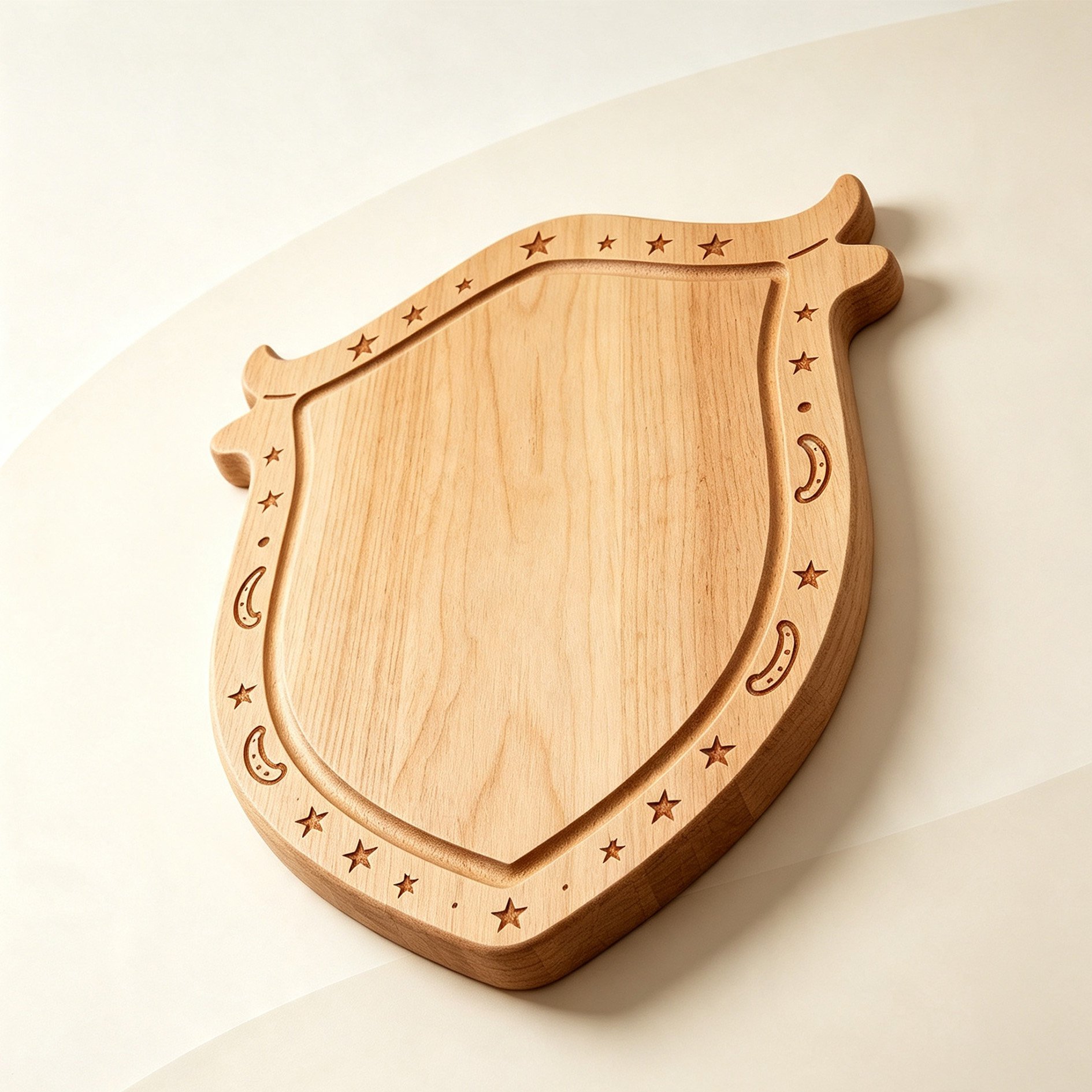 Close-up of Bull Shield logo on wooden cutting board