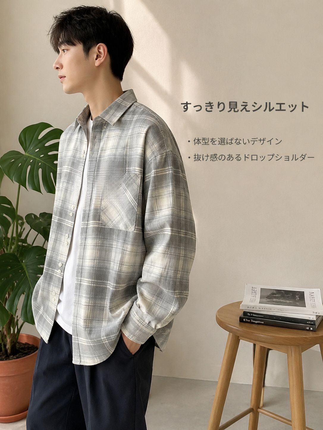 メンズゆったりカジュアル長袖シャツ