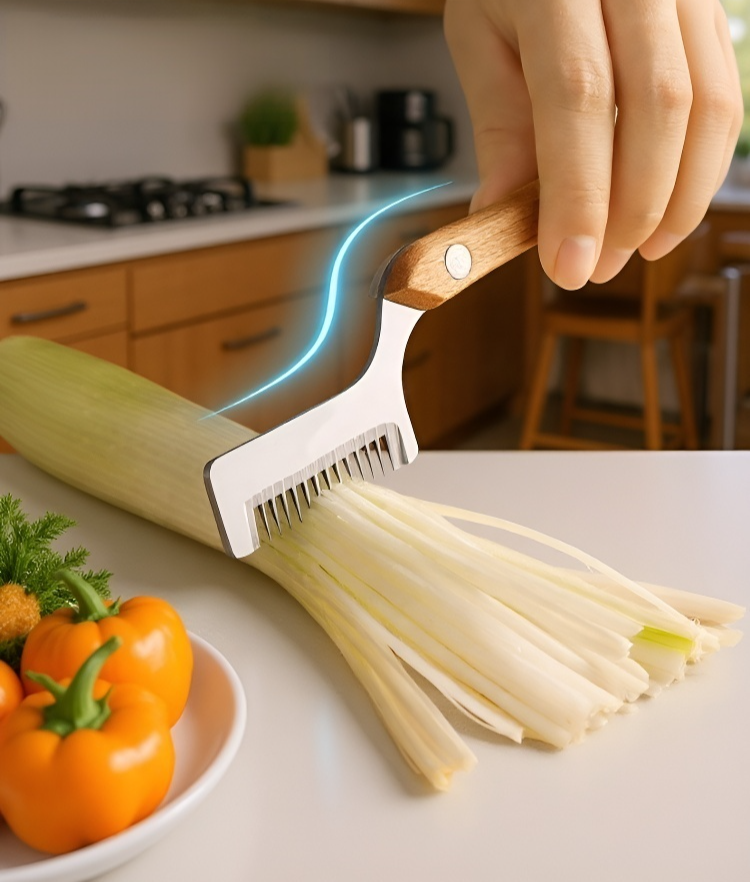 Stainless steel herb cutter slicing scallions evenly