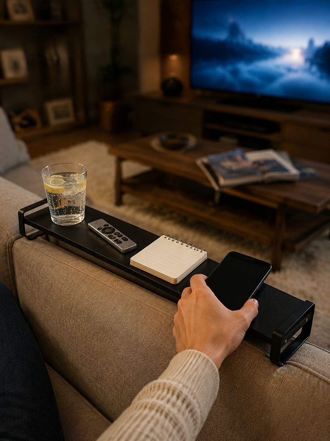 Space-saving shelf positioned behind a sofa
