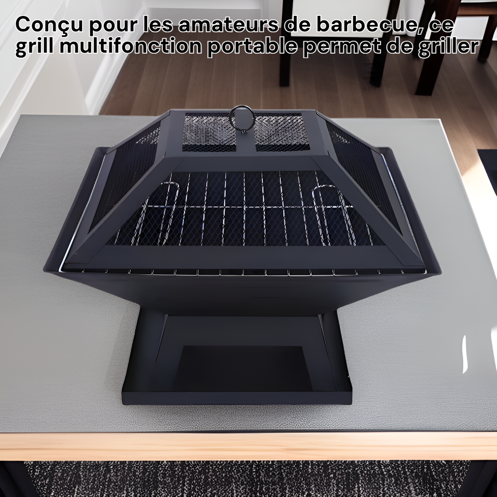Barbecue grill multifonction portable d'extérieur avec foyer à feu