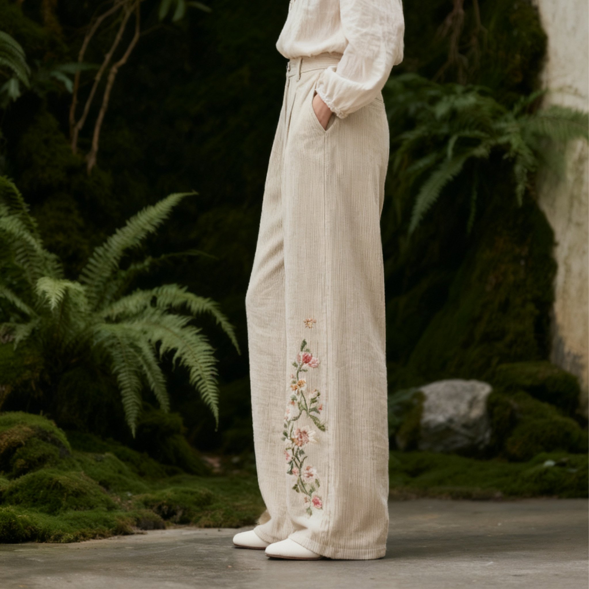 자수 디테일이 돋보이는 여성 바지