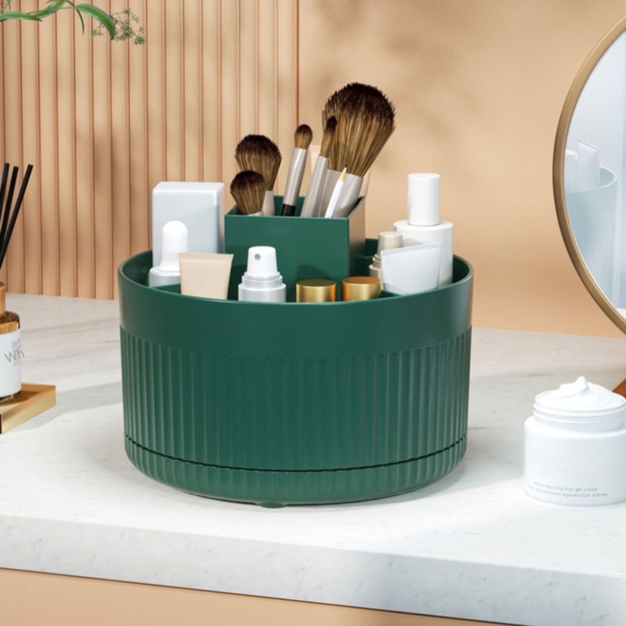 Organizador giratorio de maquillaje para escritorio con pinceles y lápices de ojos