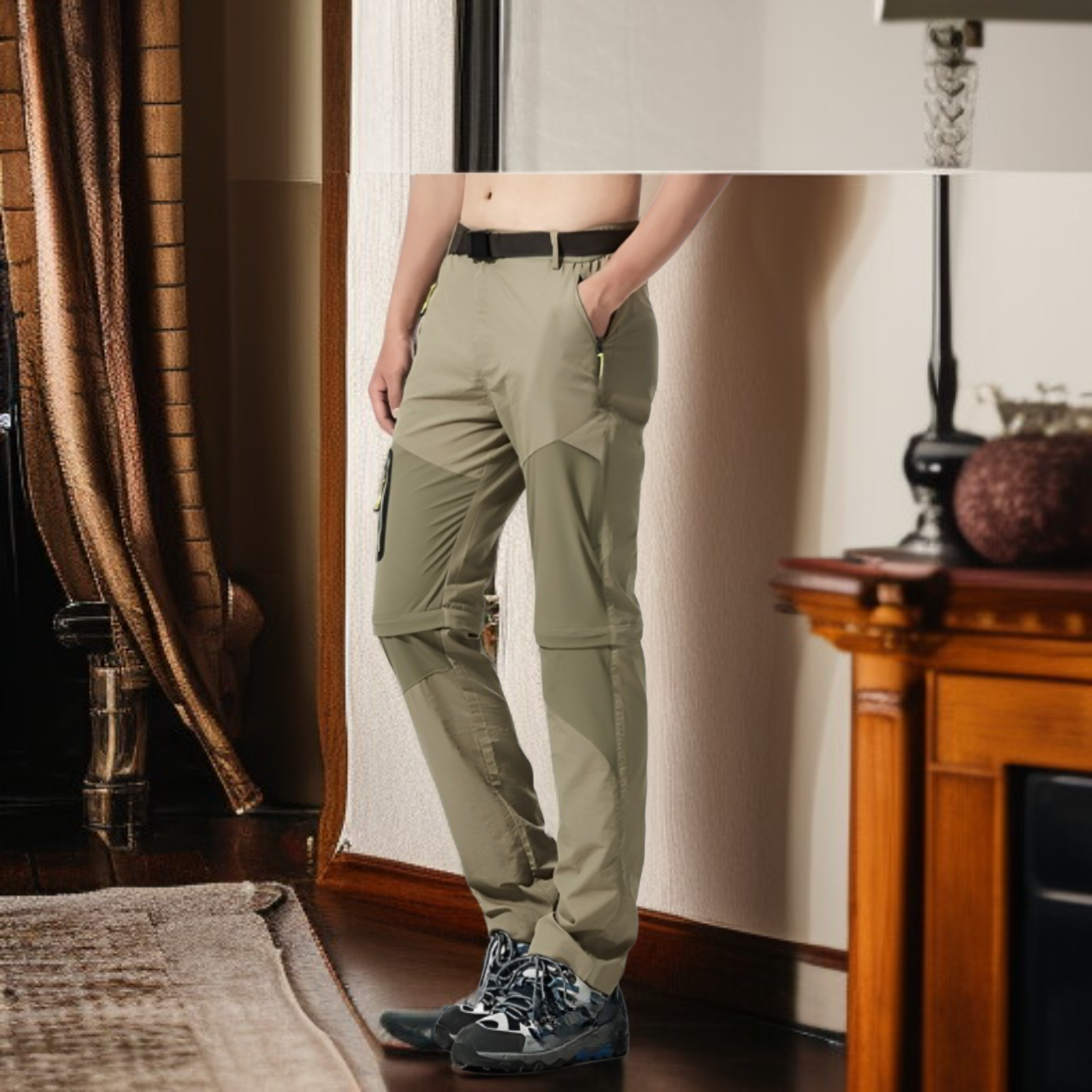 メンズゆったり速乾登山パンツ ショートにもなる2WAYワークパンツ