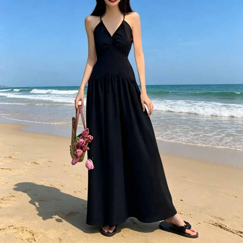 여름 신상 고급스러운 해변 휴양지 헵번풍 홀터넥 프렌치 티타임 원피스