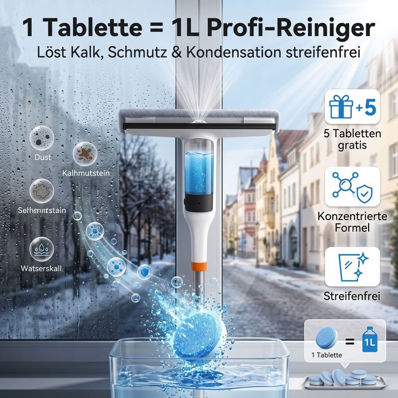 Effizientes Fensterreinigungsset mit Wasserstrahl (inklusive Ersatzbezügen und Abziehern)