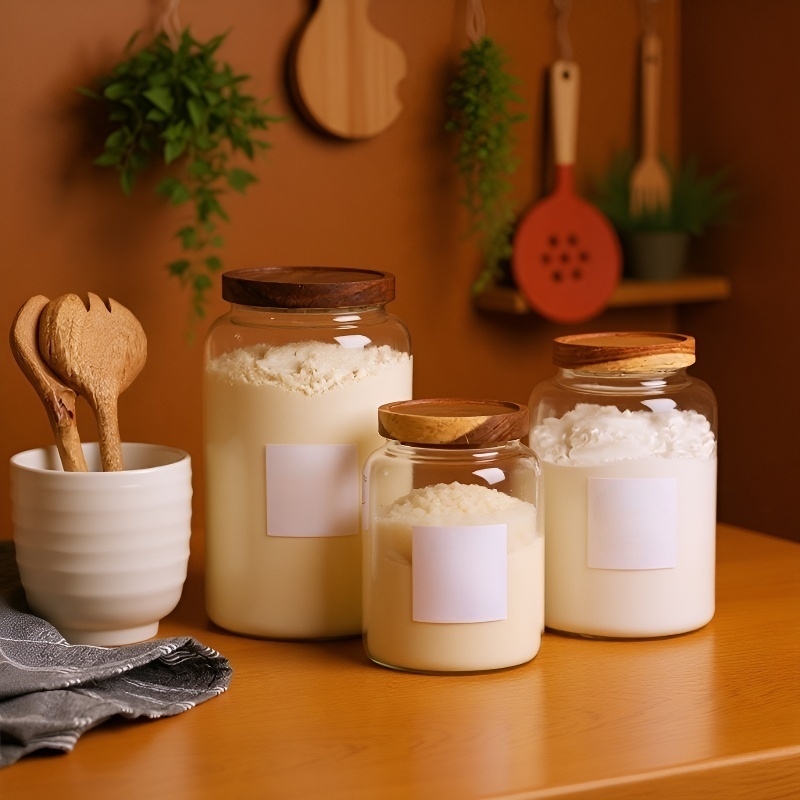 Szerokootwarty szklany pojemnik na ciasteczka z pokrywką z drewna akacjowego do kuchni