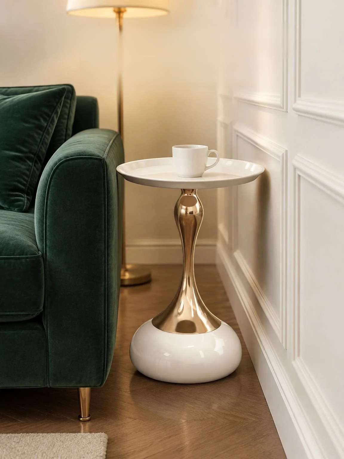 Hourglass bedside table styled with a lamp and decor