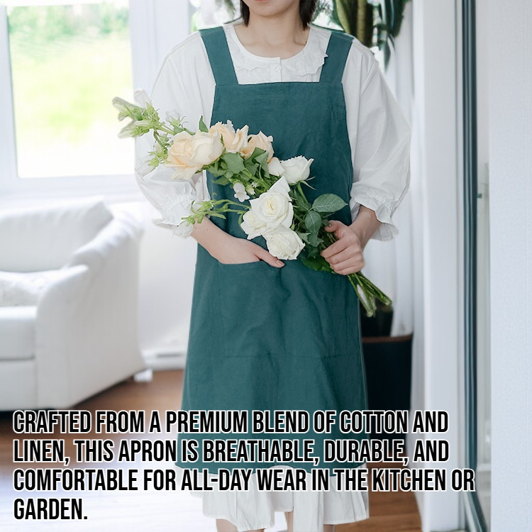 Simple style cotton and linen apron with wide shoulder straps and solid color.