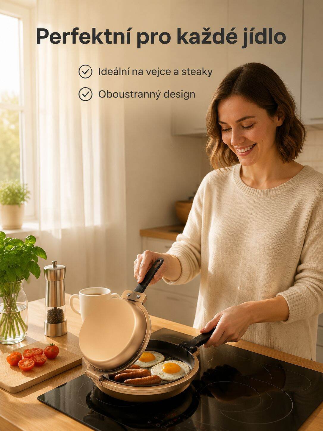 Oboustranná skládací pánev, nízký kouř, pánev na steak a vejce, snídaňový pomocník